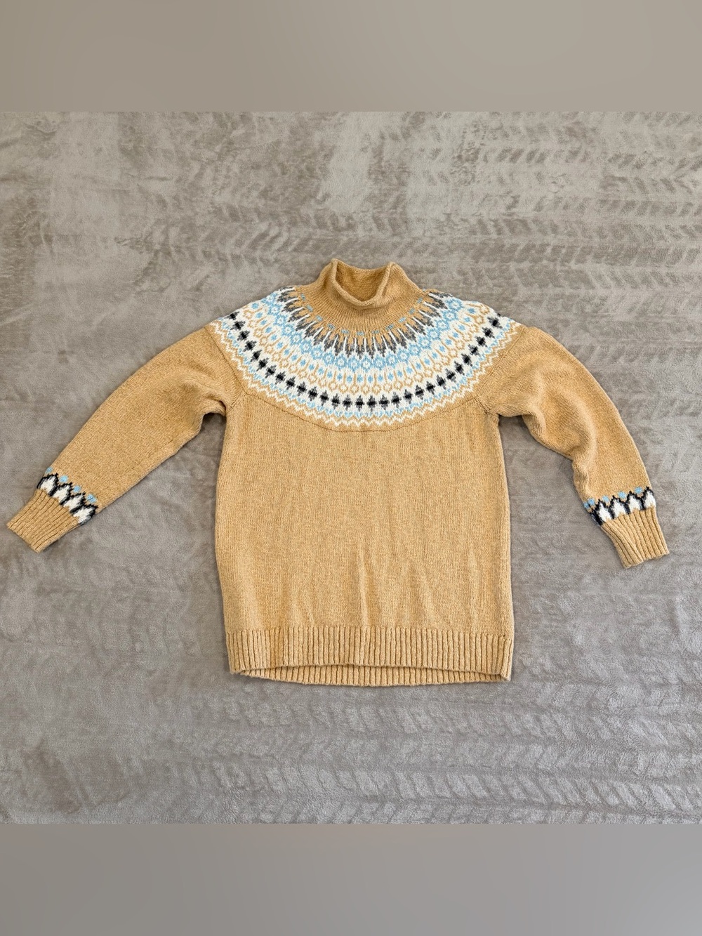 L.L.Bean Nordic Fair Isle Tan Mock Neck Cotton Sweater XL